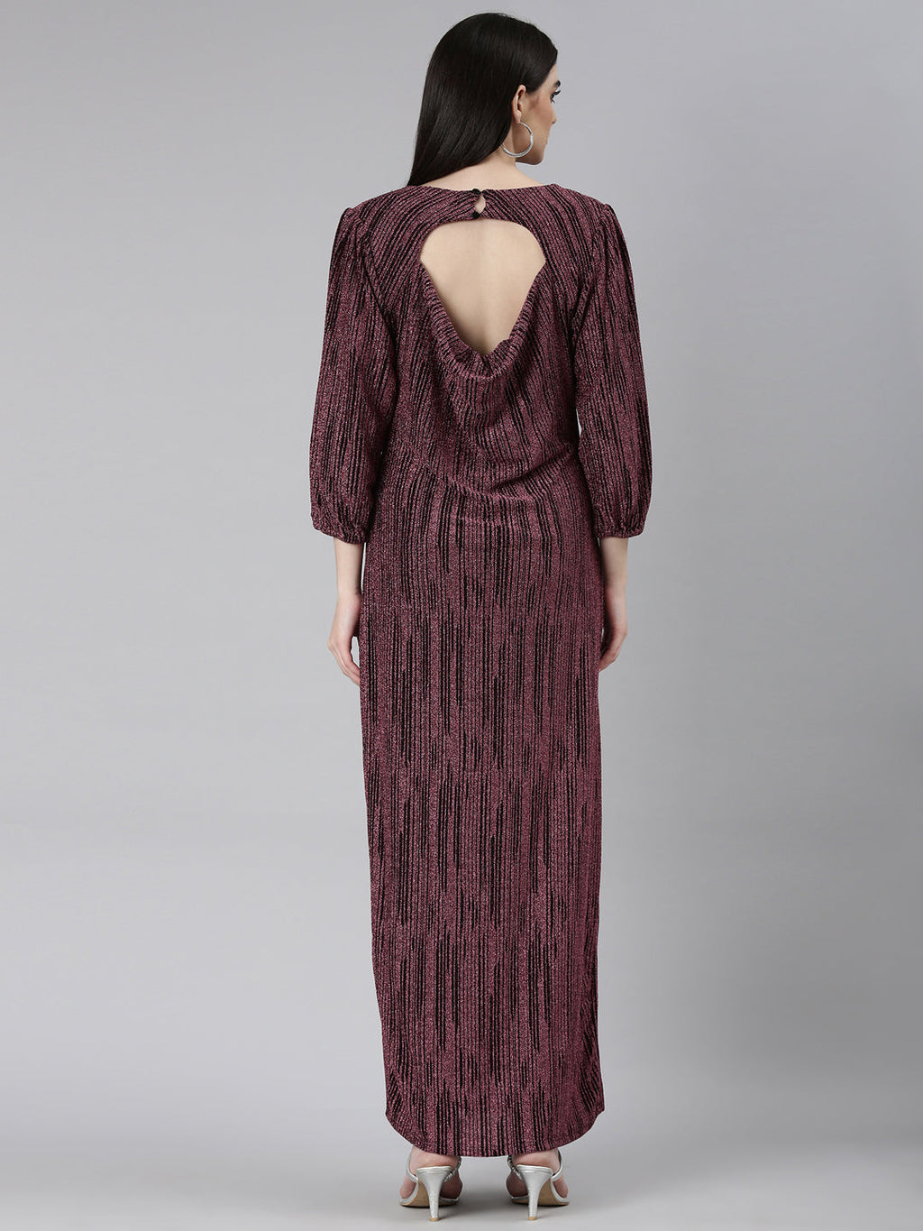 Women's Magenta Self Designed Cut-Out Detailed V-Neck Puff Sleeves Maxi Dress