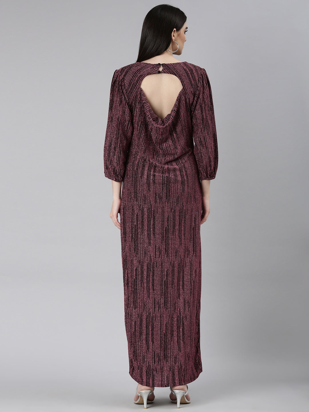 Women's Magenta Self Designed Cut-Out Detailed V-Neck Puff Sleeves Maxi Dress