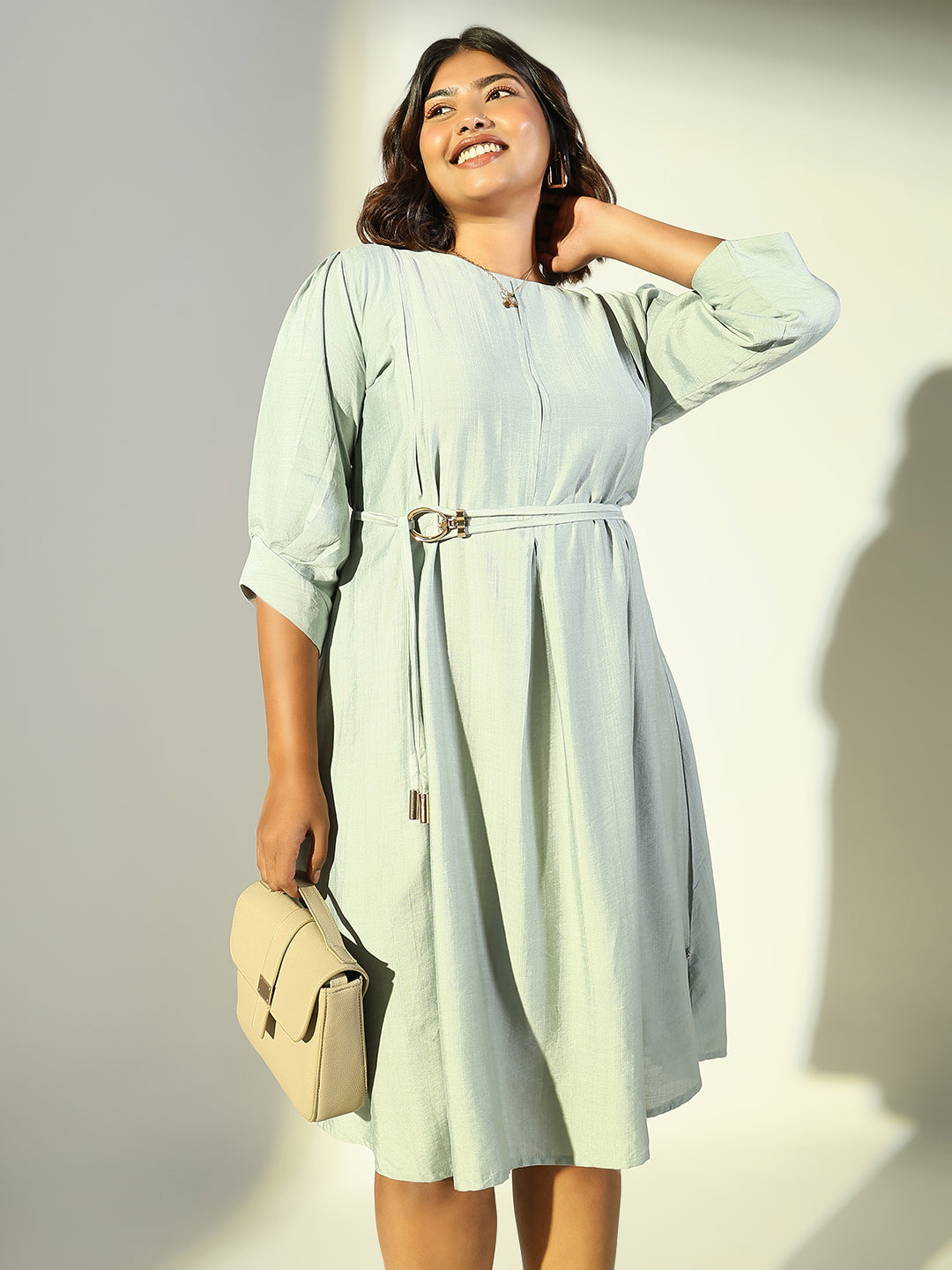 Women's Sea Green Solid A Line Dress with Belt