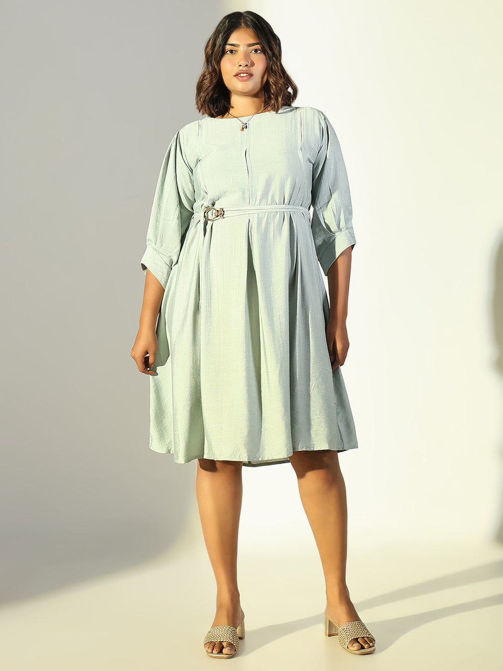 Women's Sea Green Solid A Line Dress with Belt