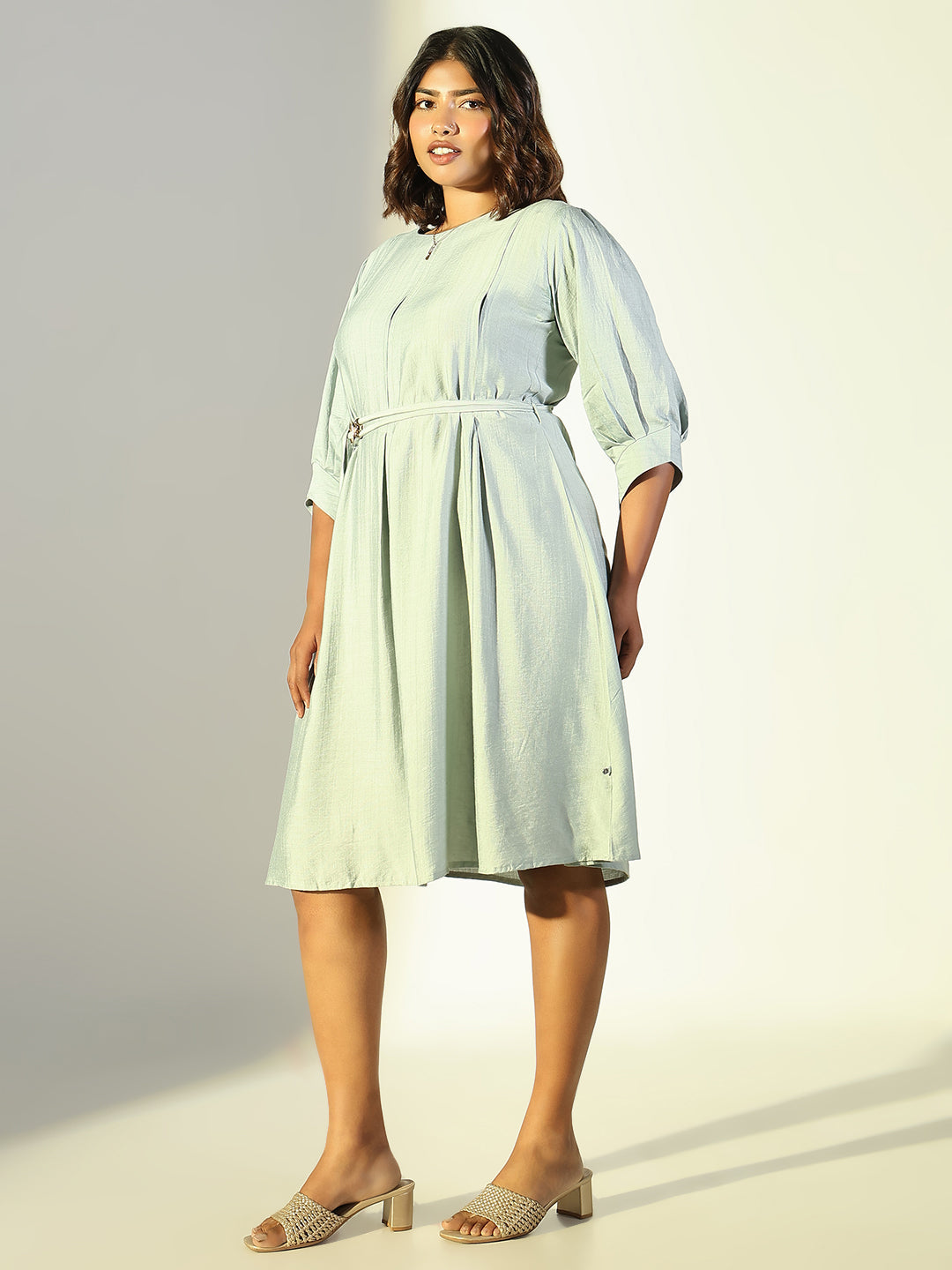 Women's Sea Green Solid A Line Dress with Belt