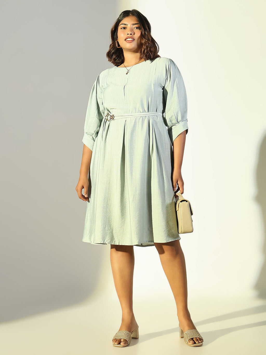 Women's Sea Green Solid A Line Dress with Belt