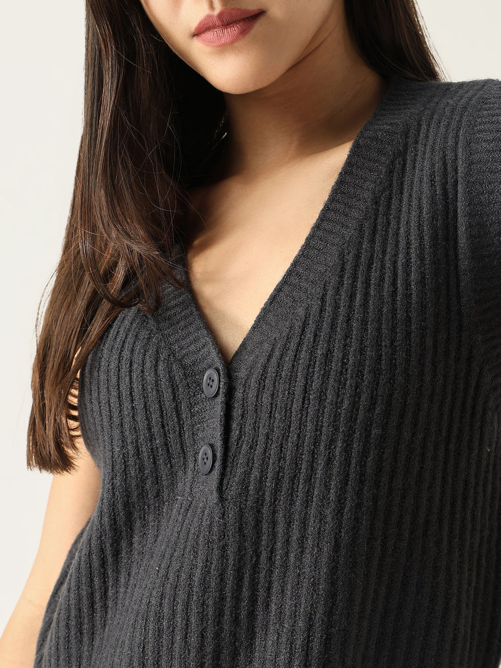 Women's Charcoal Self Design V-Neck Acrylic Top