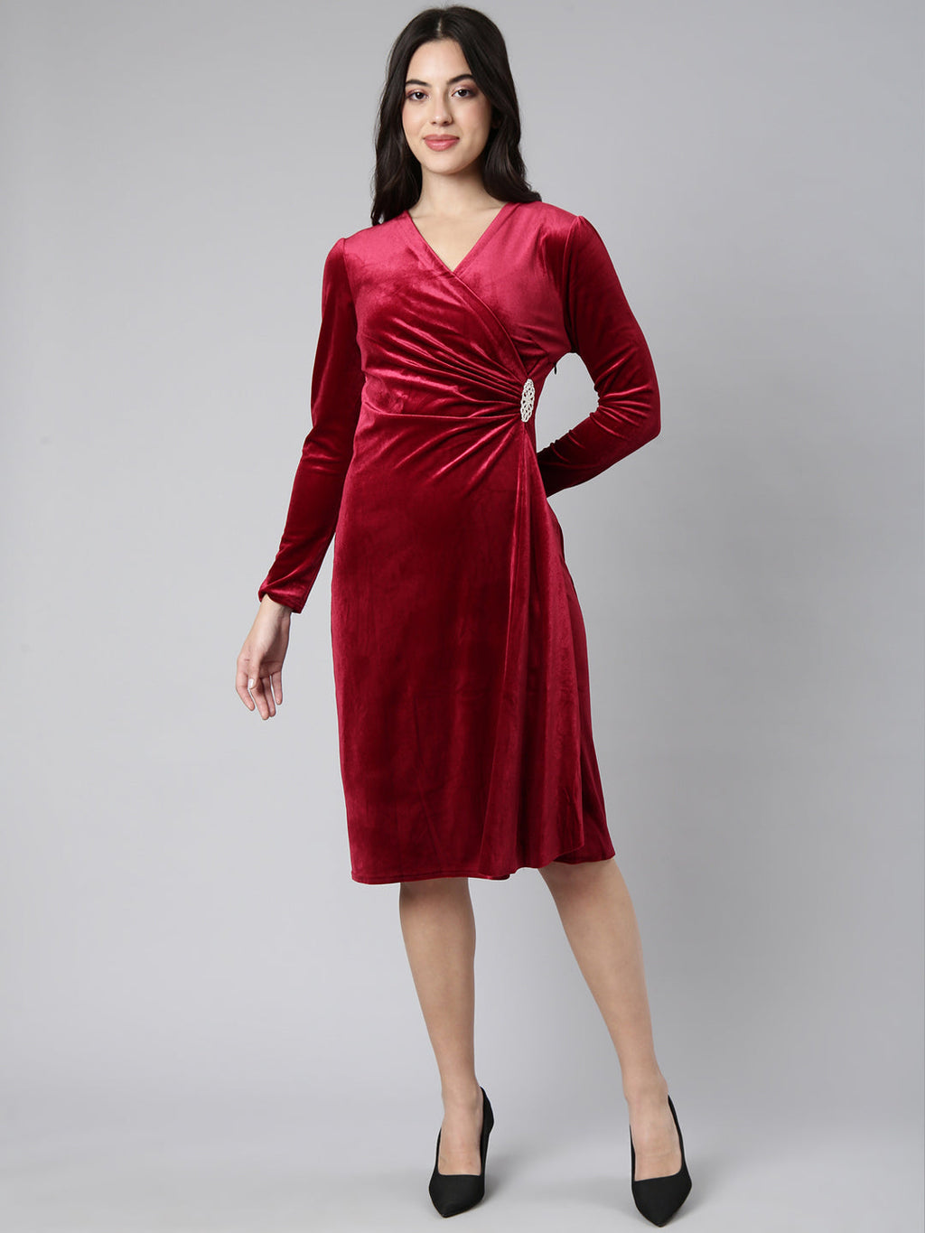 Women's Solid Burgundy A-Line Dress