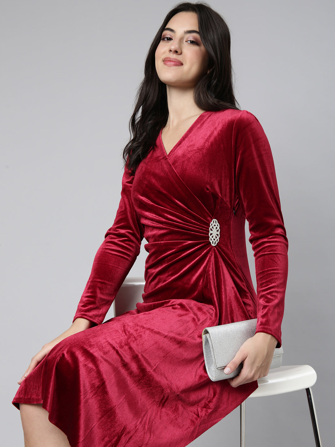 Women's Solid Burgundy A-Line Dress