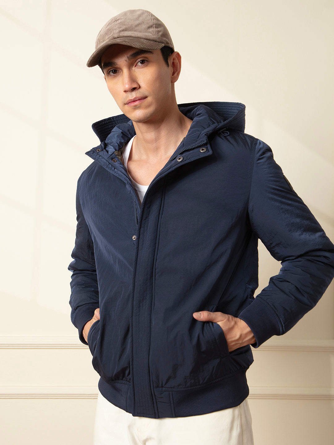 Crushed Metallic Hooded Jacket | Navy Blue