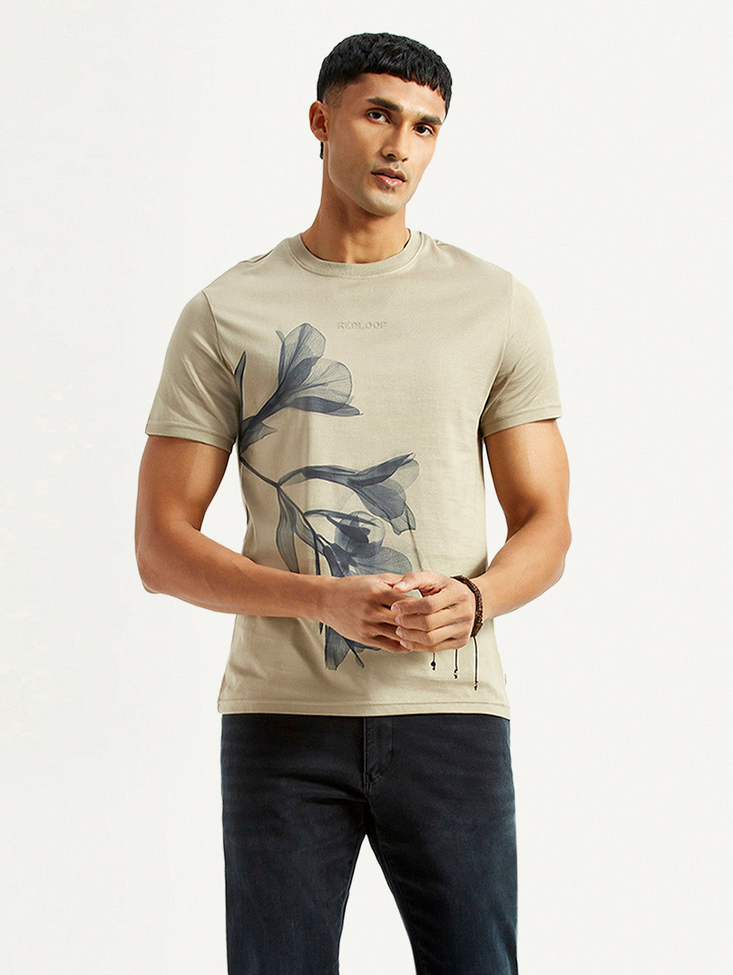 Men's Floral Beige Slim Fit T-shirt