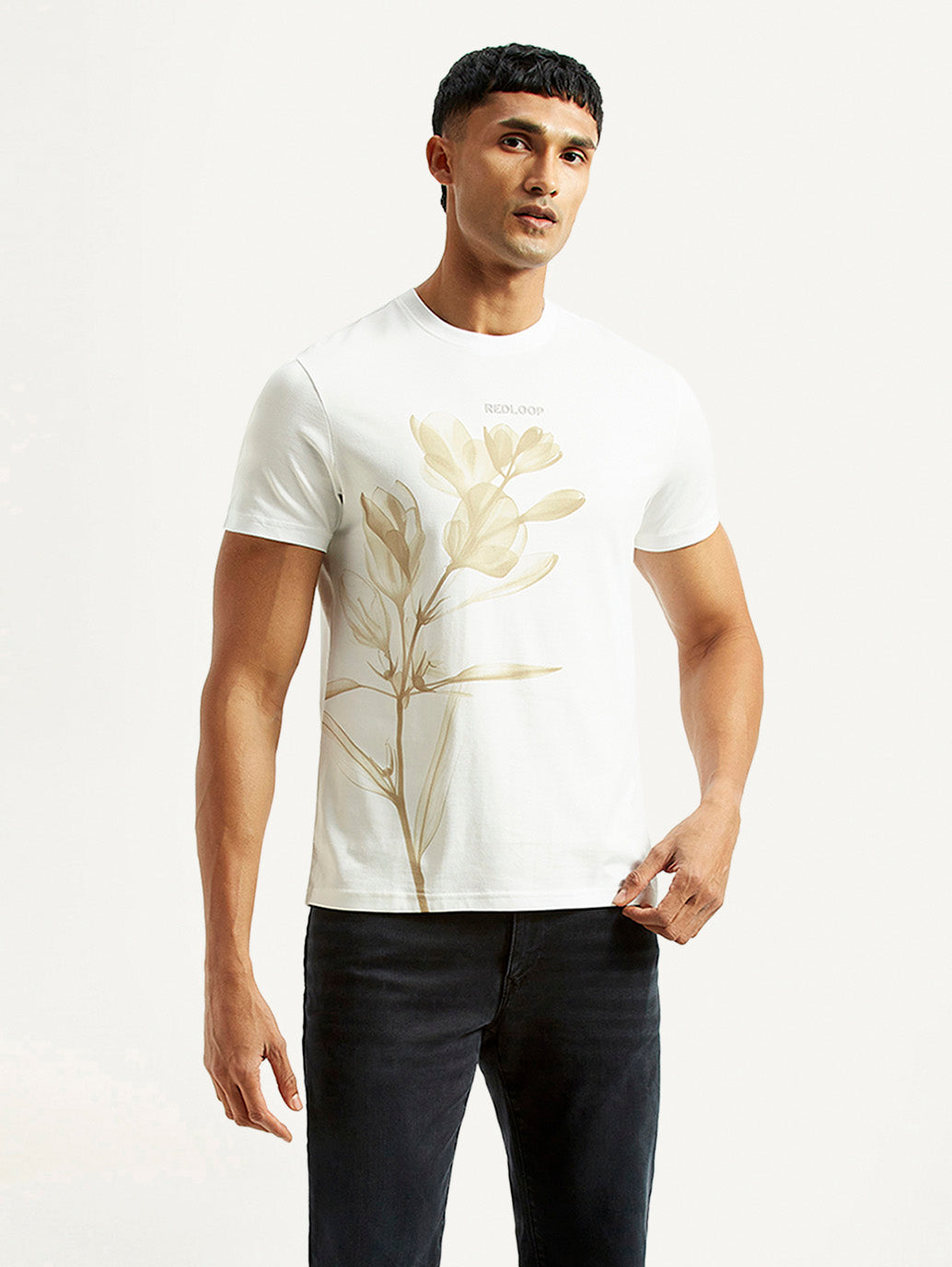 Men's Redloop Floral White Slim Fit T-shirt