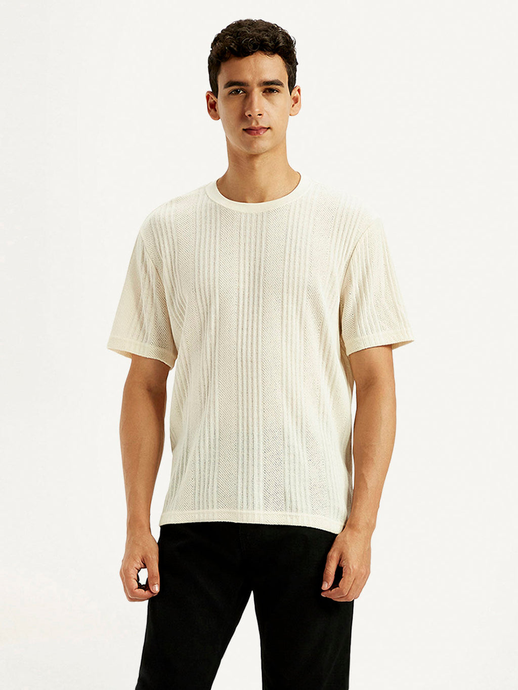 Men's Self Design Cream Crew Neck T-shirt