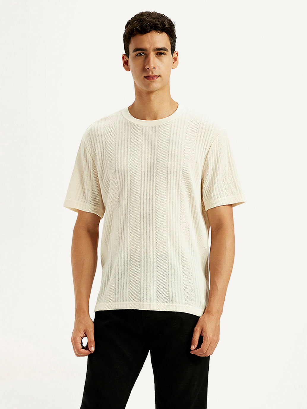 Men's Self Design Cream Crew Neck T-shirt