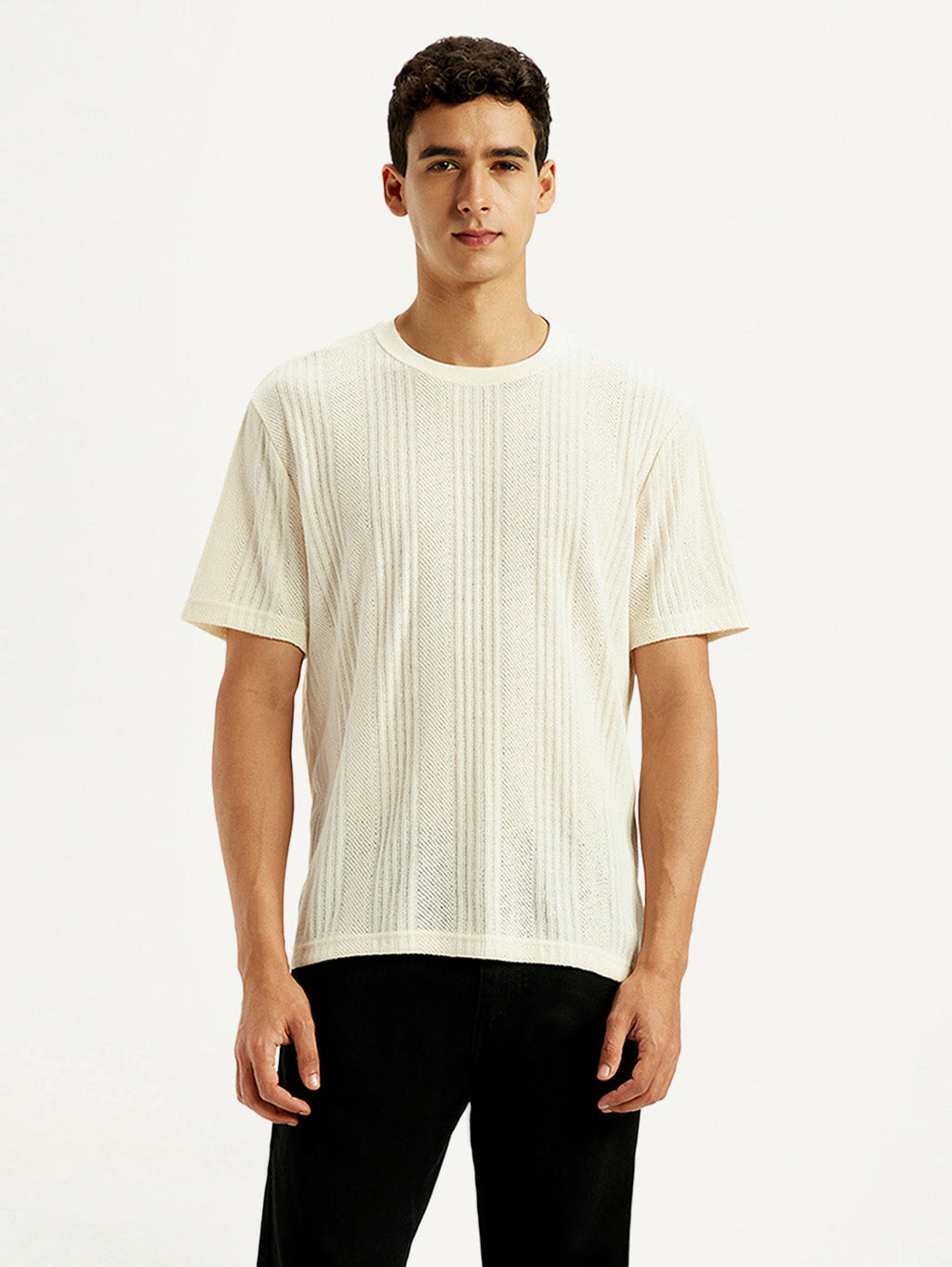 Men's Self Design Cream Crew Neck T-shirt