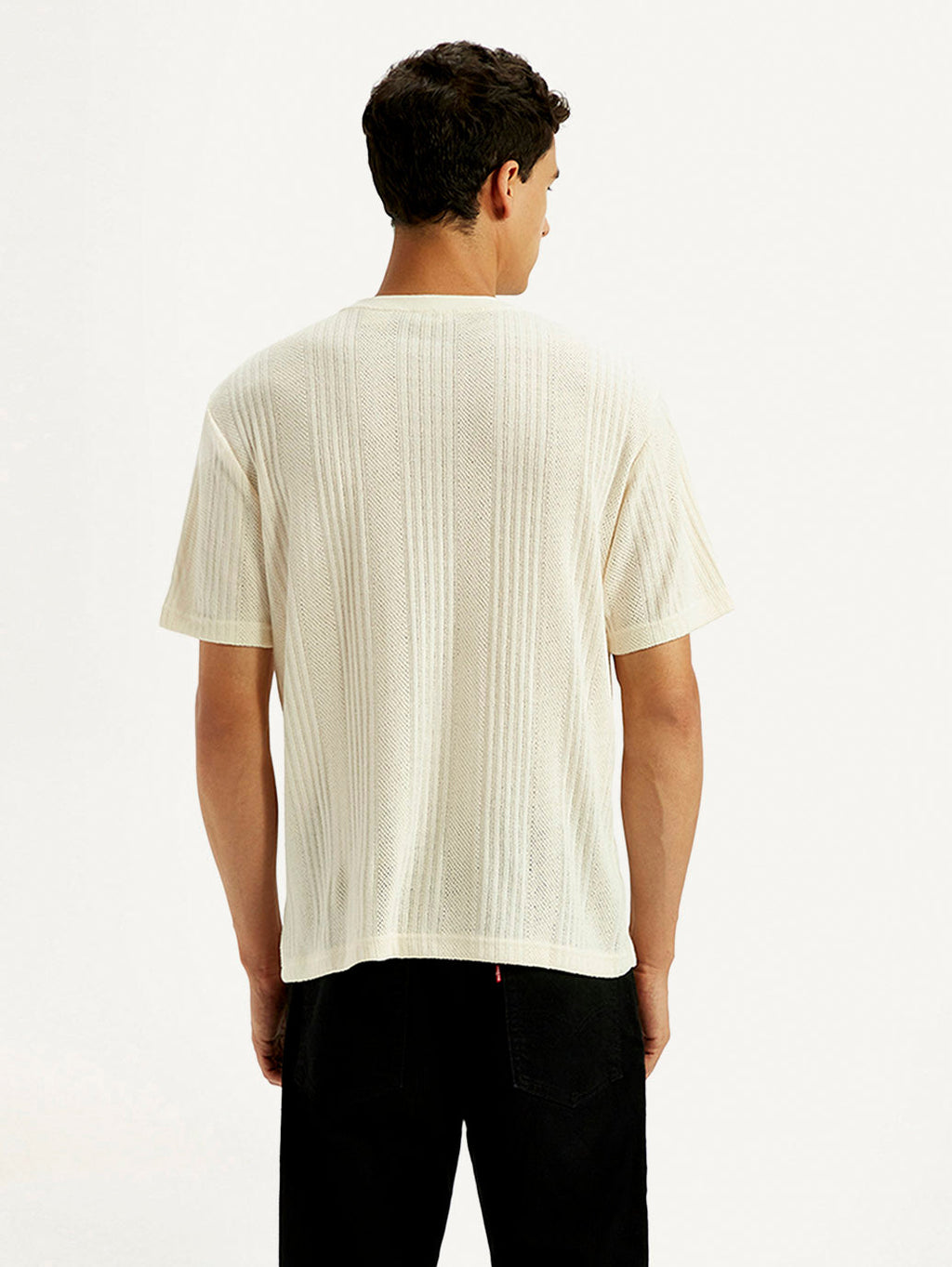 Men's Self Design Cream Crew Neck T-shirt