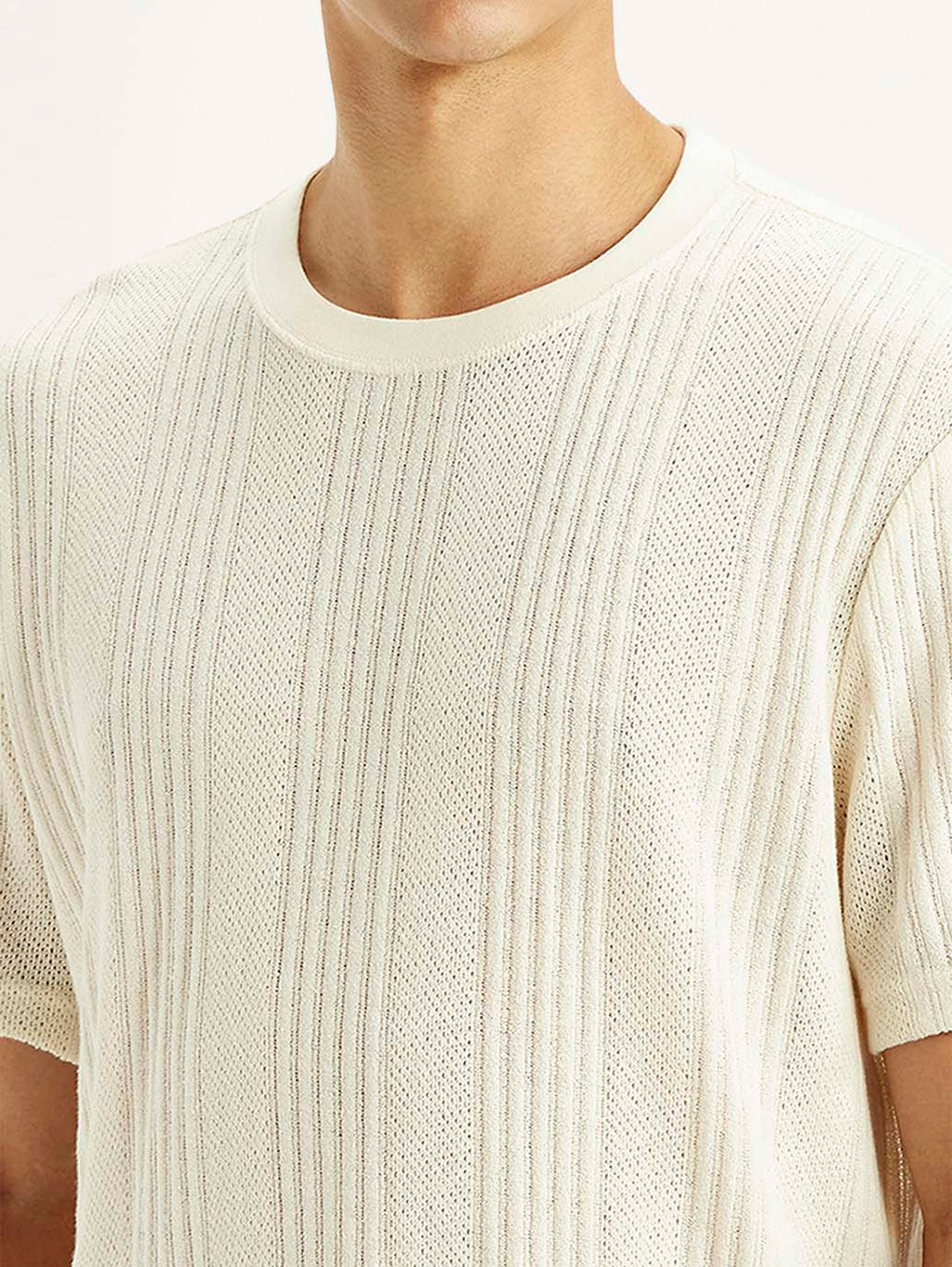 Men's Self Design Cream Crew Neck T-shirt