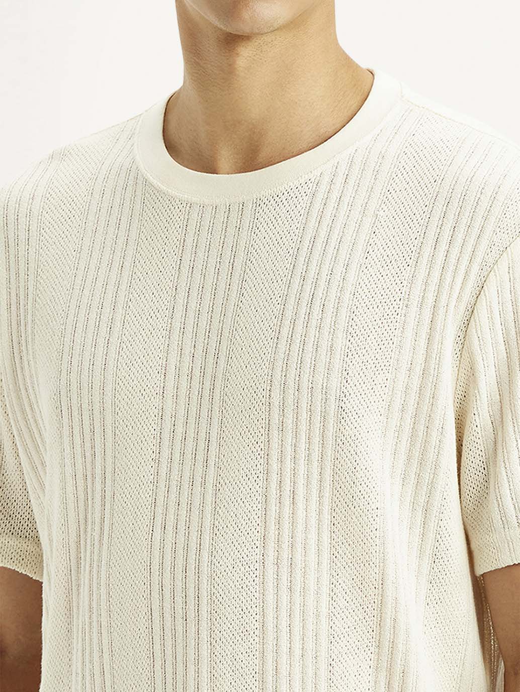 Men's Self Design Cream Crew Neck T-shirt