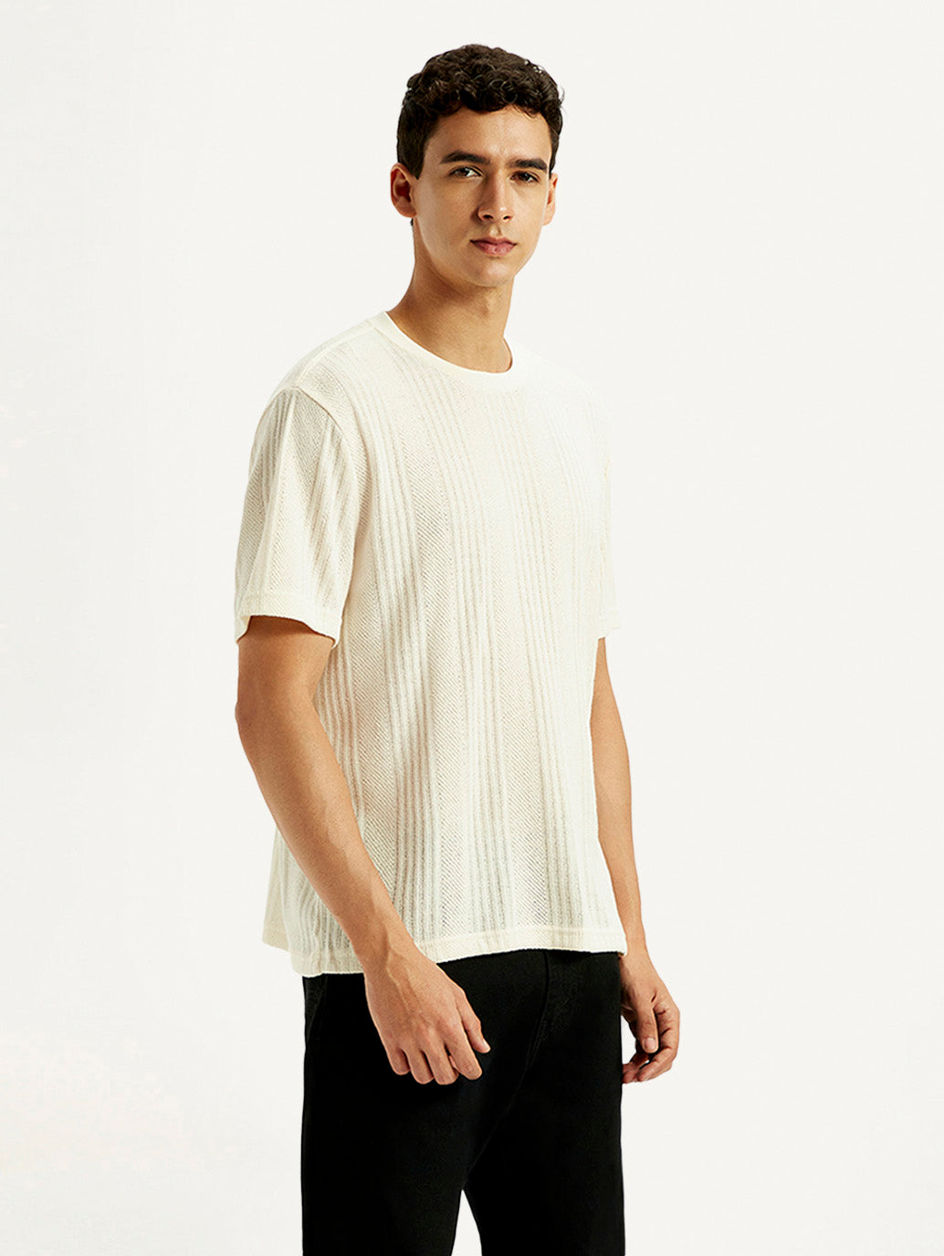 Men's Self Design Cream Crew Neck T-shirt