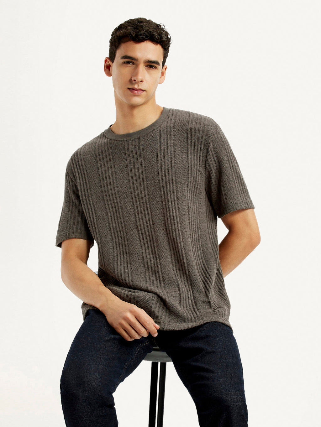 Men's Self Design Brown Crew Neck T-shirt