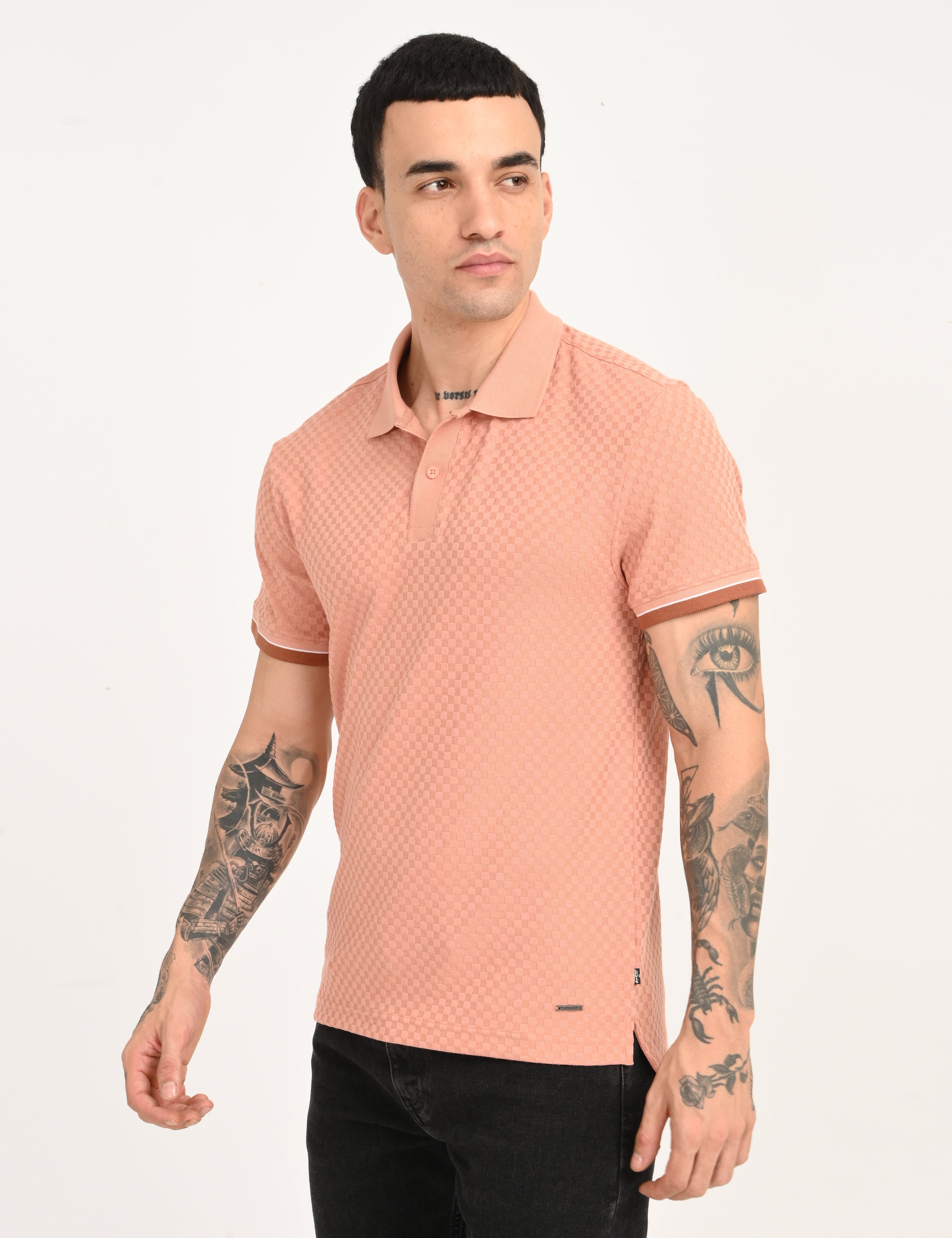 Men's Redloop Textured Pink Slim Fit Polo T-shirt