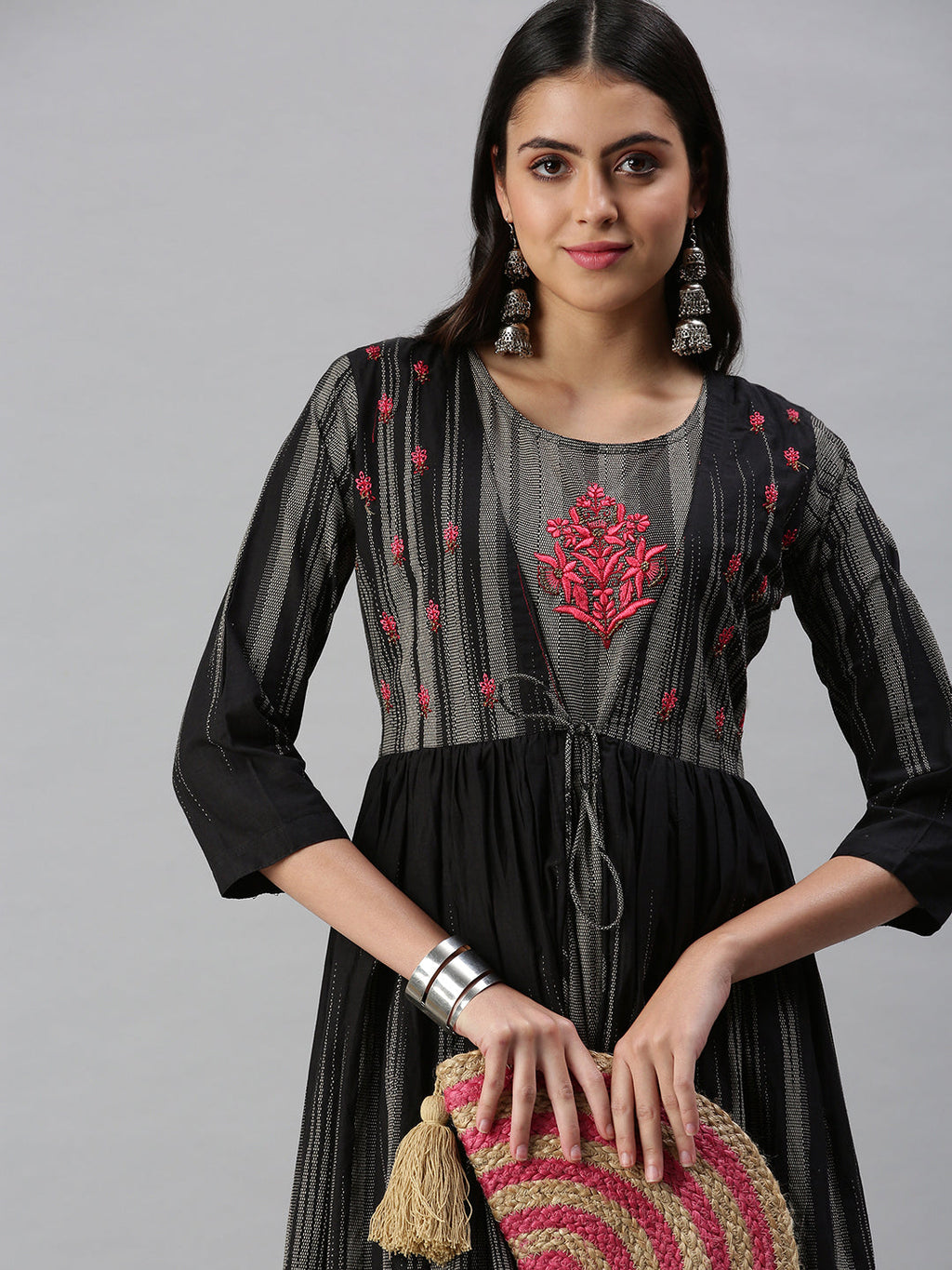 Women's Grey Ethnic Motifs Embroidered Anarkali Kurta