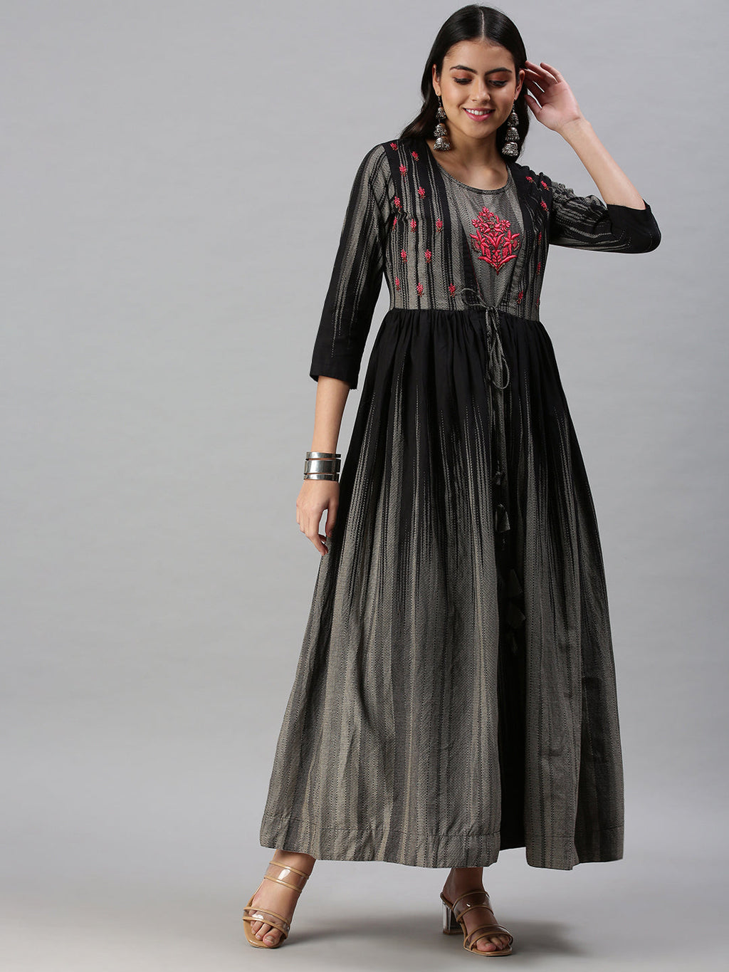 Women's Grey Ethnic Motifs Embroidered Anarkali Kurta