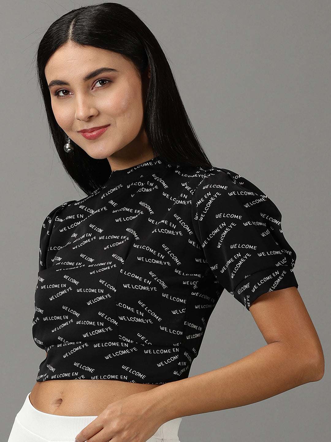 Women's Black Typography Printed High Neck Puff Sleeves Crop Top