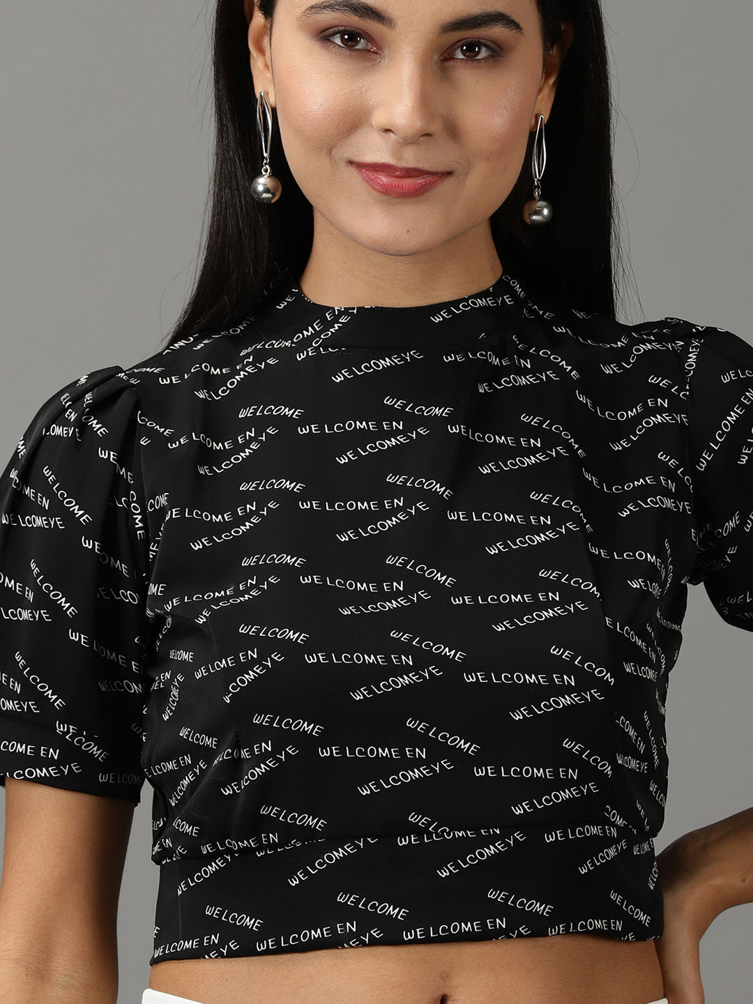 Women's Black Typography Printed High Neck Puff Sleeves Crop Top
