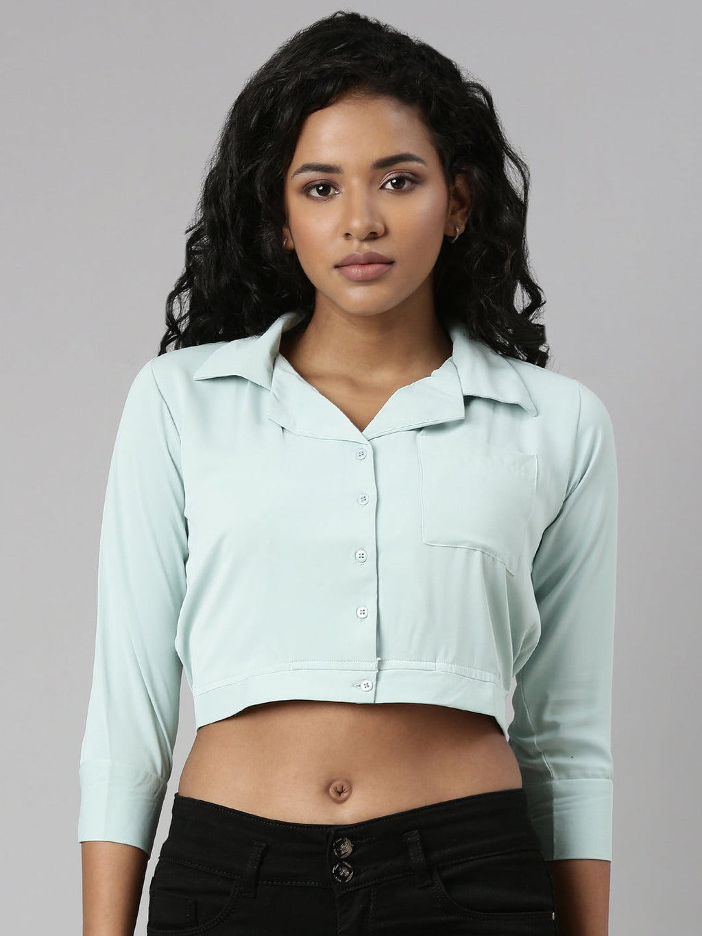 Women's Sea Green Spread Collar Blouson Crop Top