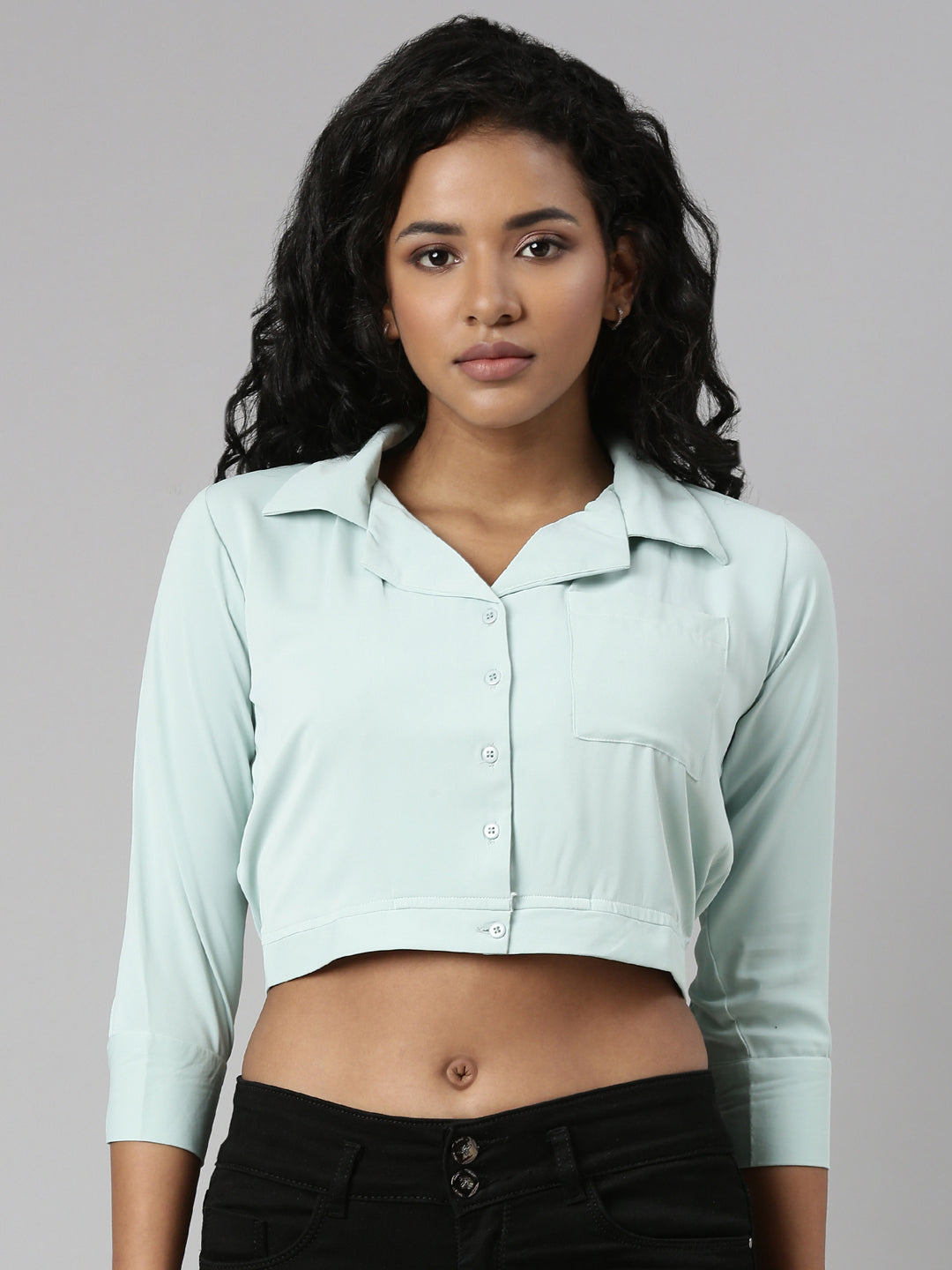 Women's Sea Green Spread Collar Blouson Crop Top