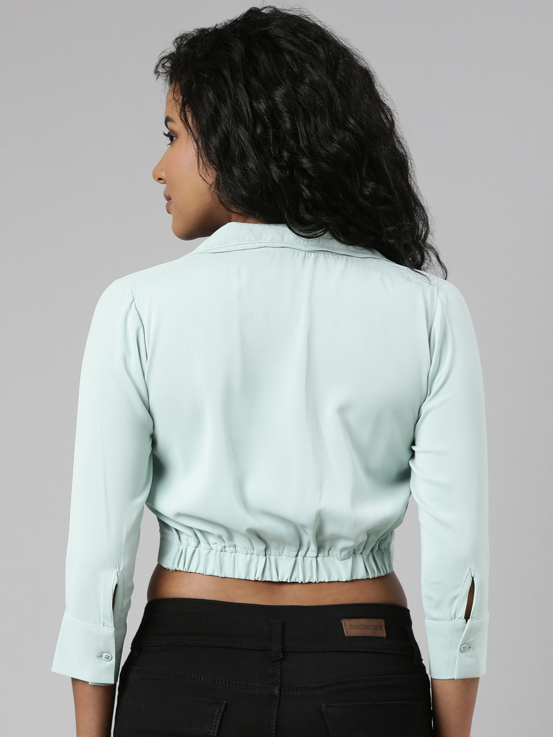 Women's Sea Green Spread Collar Blouson Crop Top