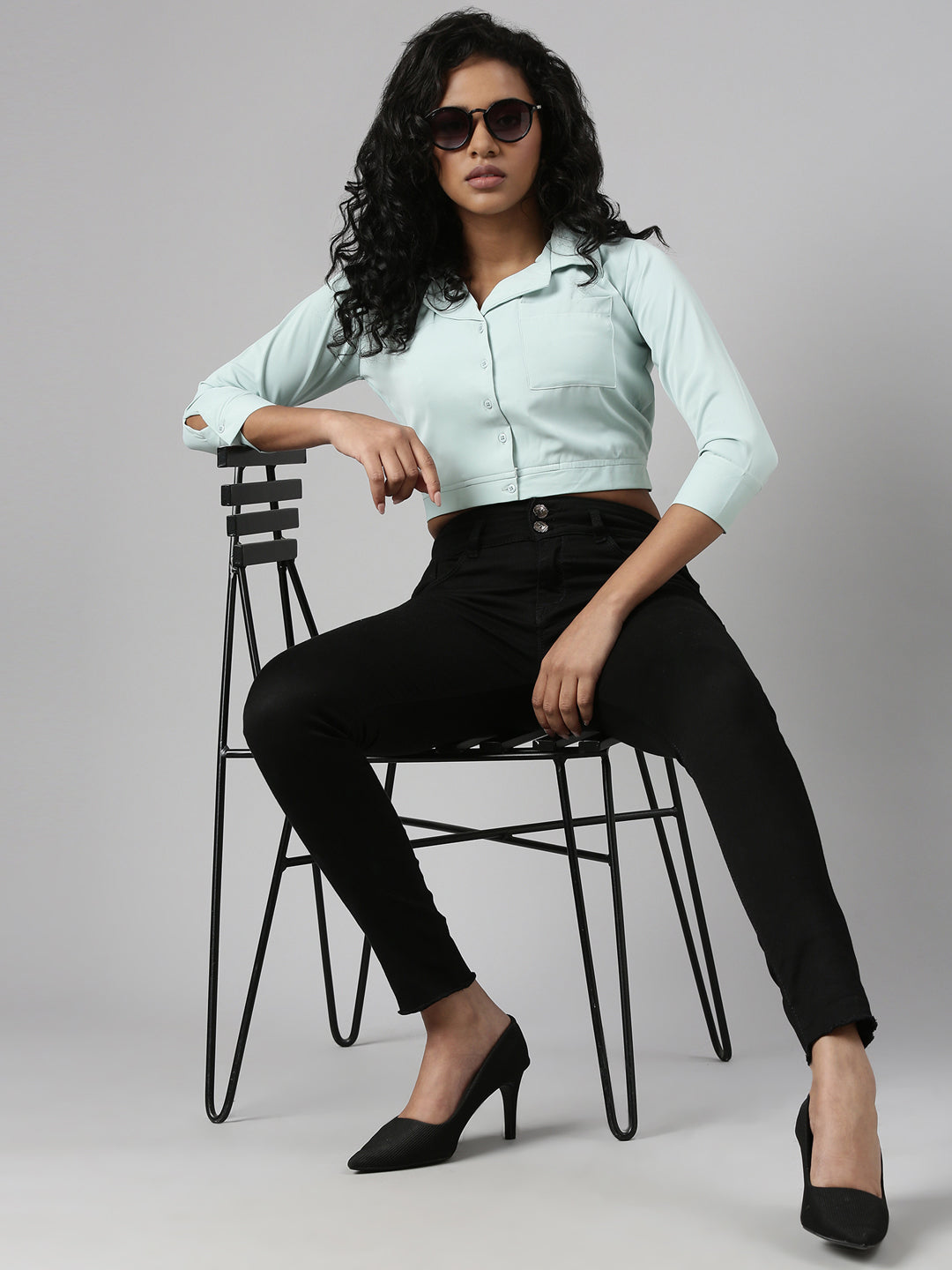 Women's Sea Green Spread Collar Blouson Crop Top