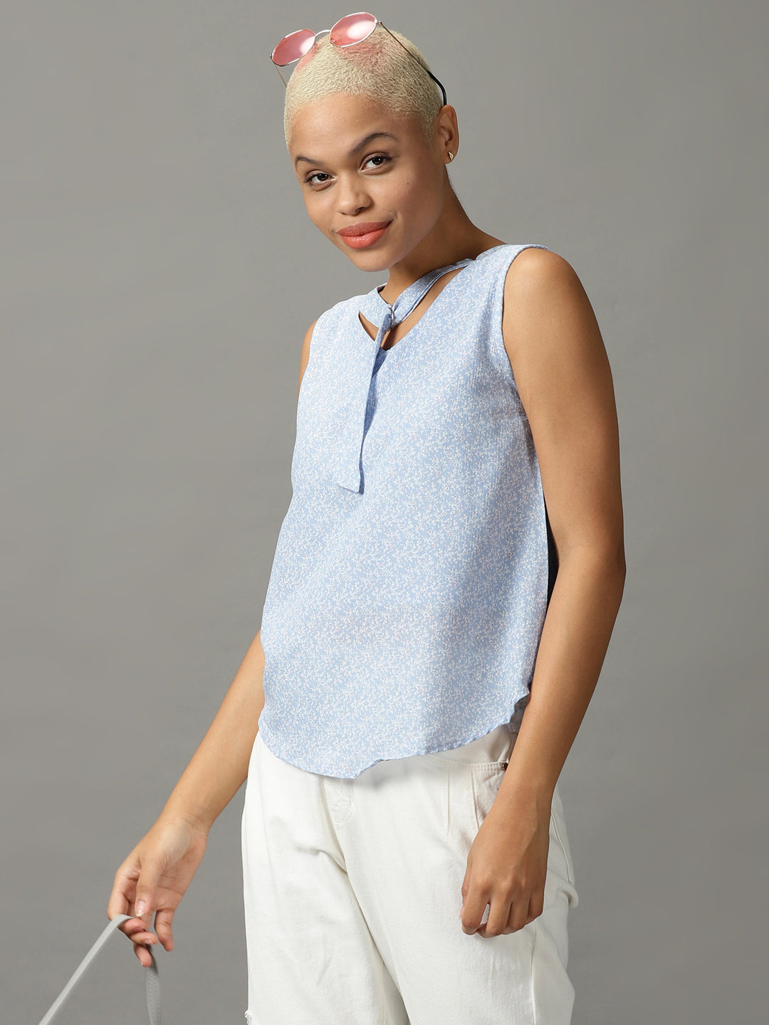 Women's Blue Printed Tie-Up Neck Top