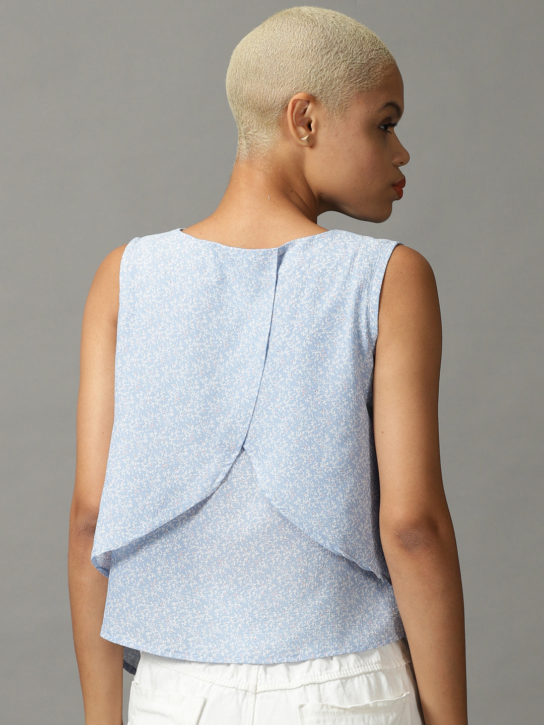 Women's Blue Printed Tie-Up Neck Top