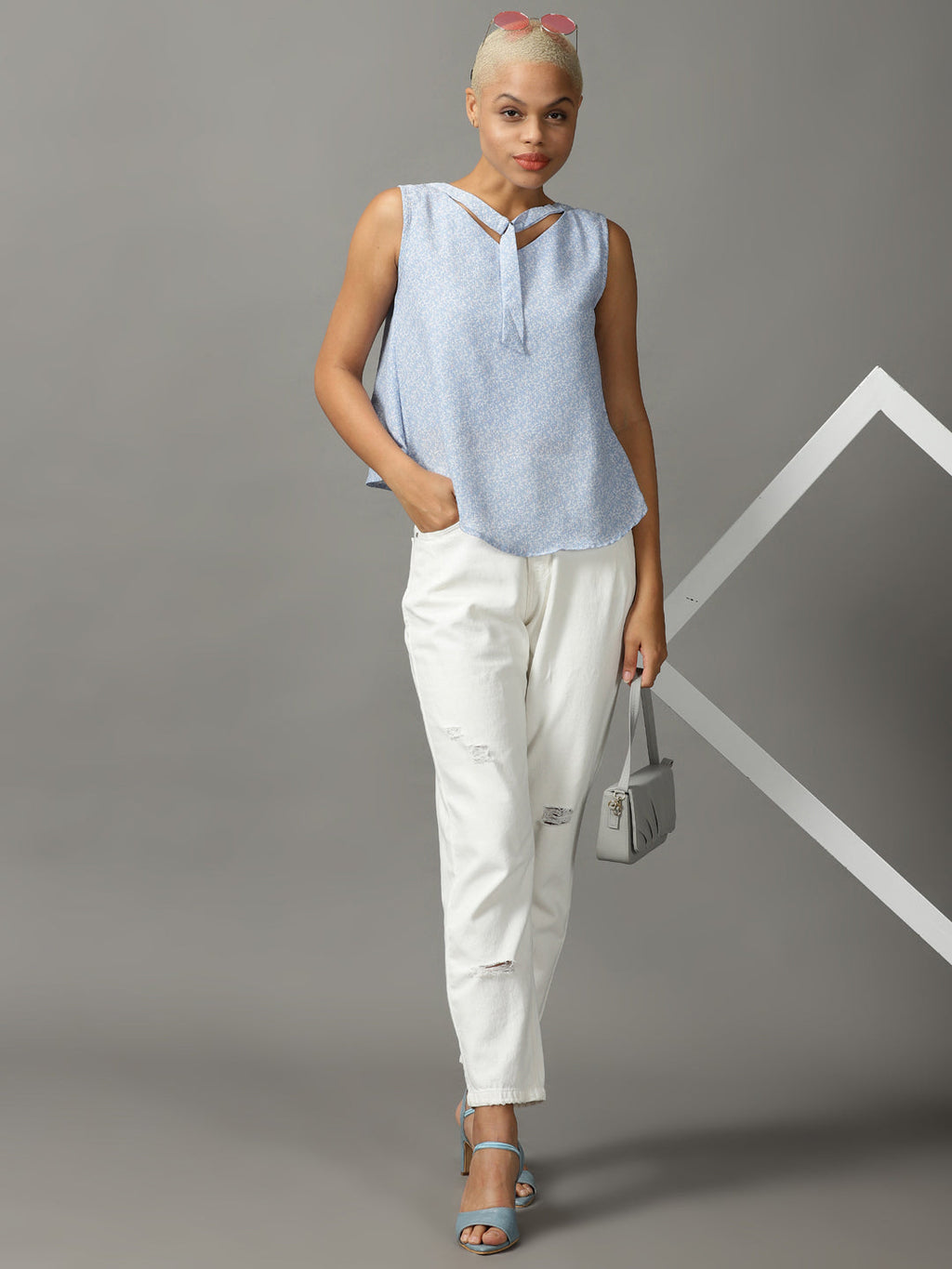 Women's Blue Printed Tie-Up Neck Top