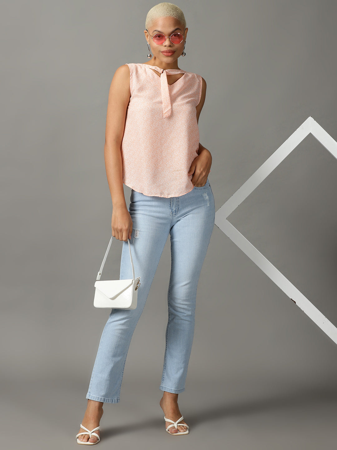 Women's Peach Print Tie-Up Neck Top