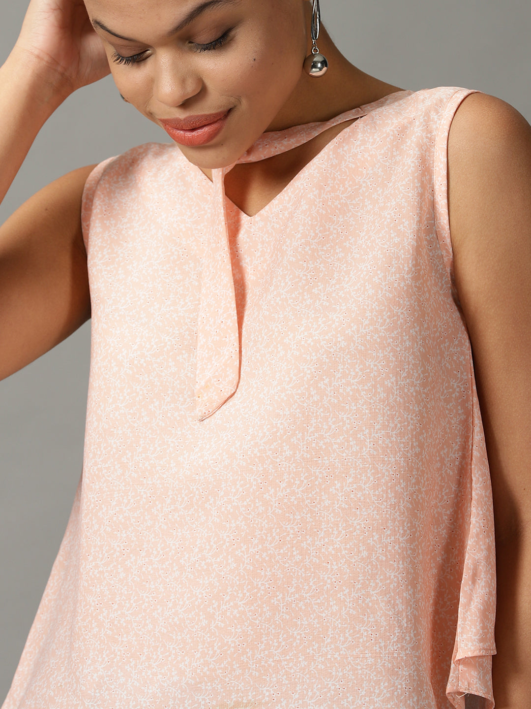 Women's Peach Print Tie-Up Neck Top