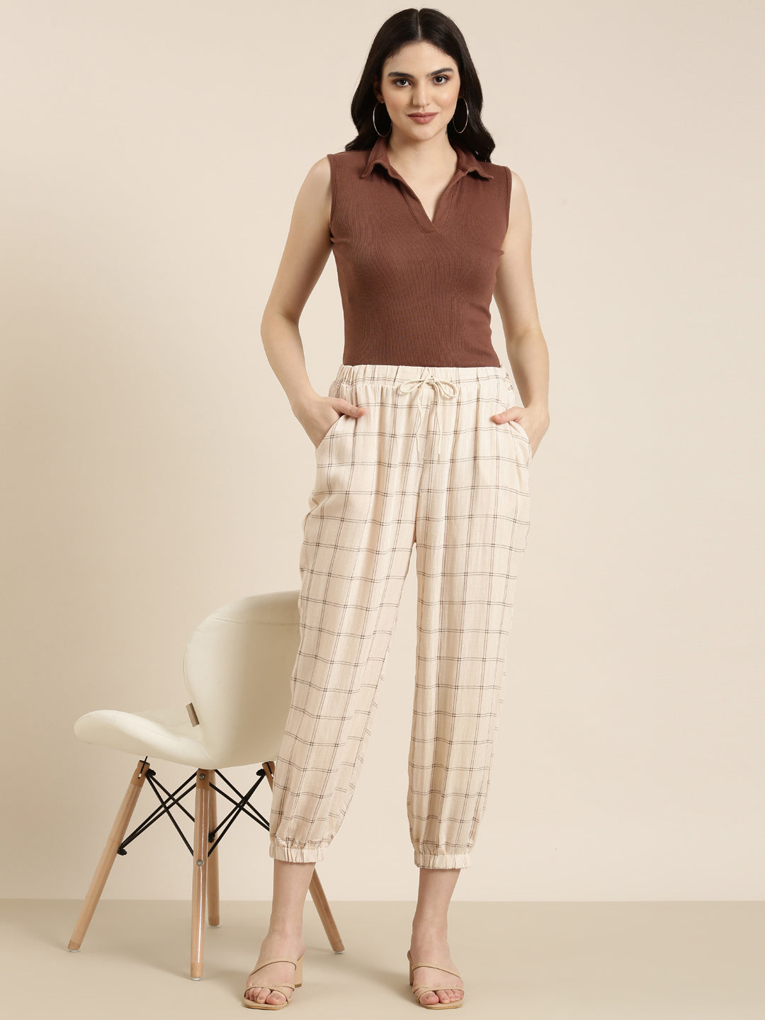 Women's Cream Checked Relaxed Flared High-Rise Culottes
