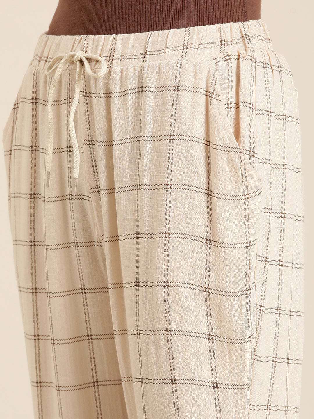 Women's Cream Checked Relaxed Flared High-Rise Culottes