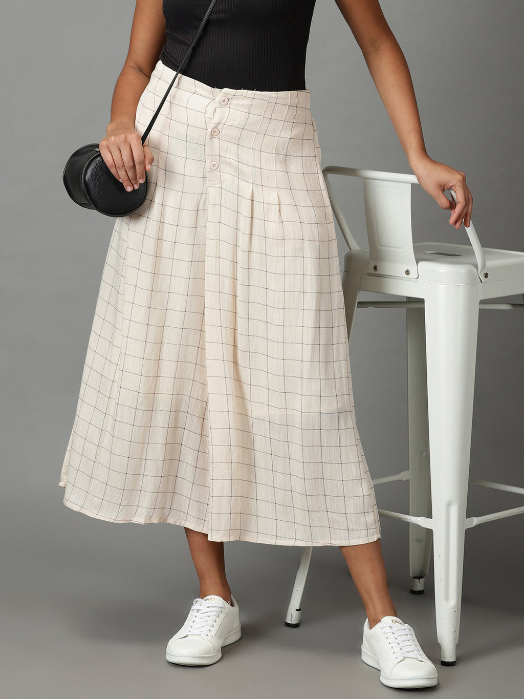 Women's Cream Checked Relaxed Flared High-Rise Linen Culottes