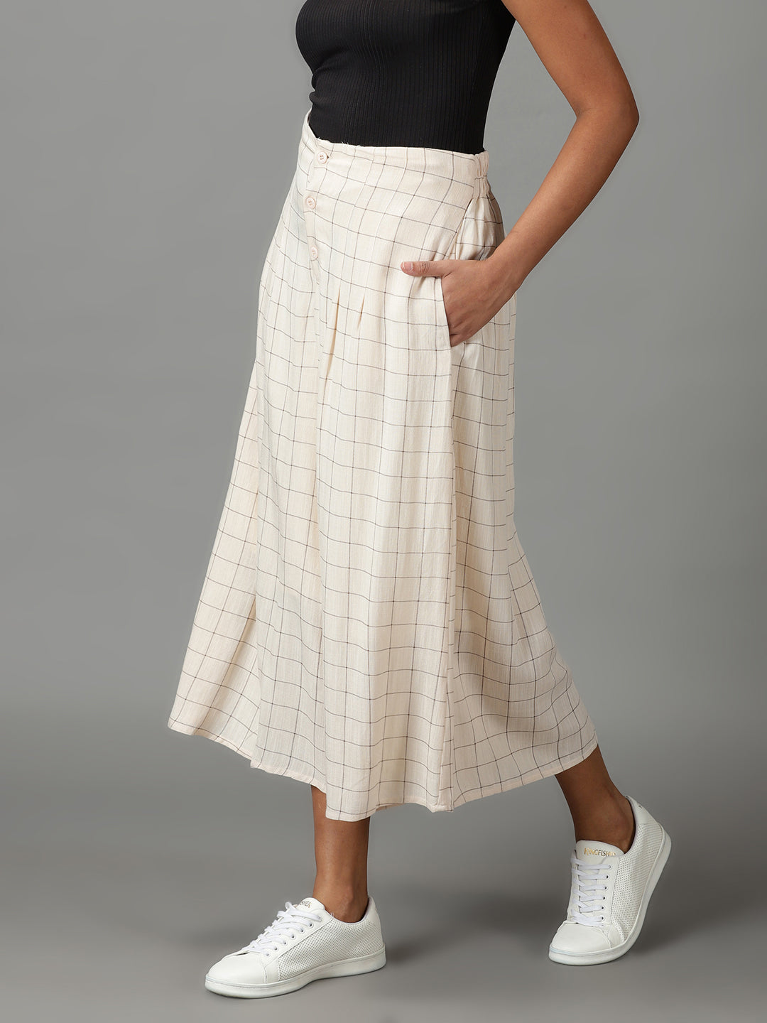 Women's Cream Checked Relaxed Flared High-Rise Linen Culottes