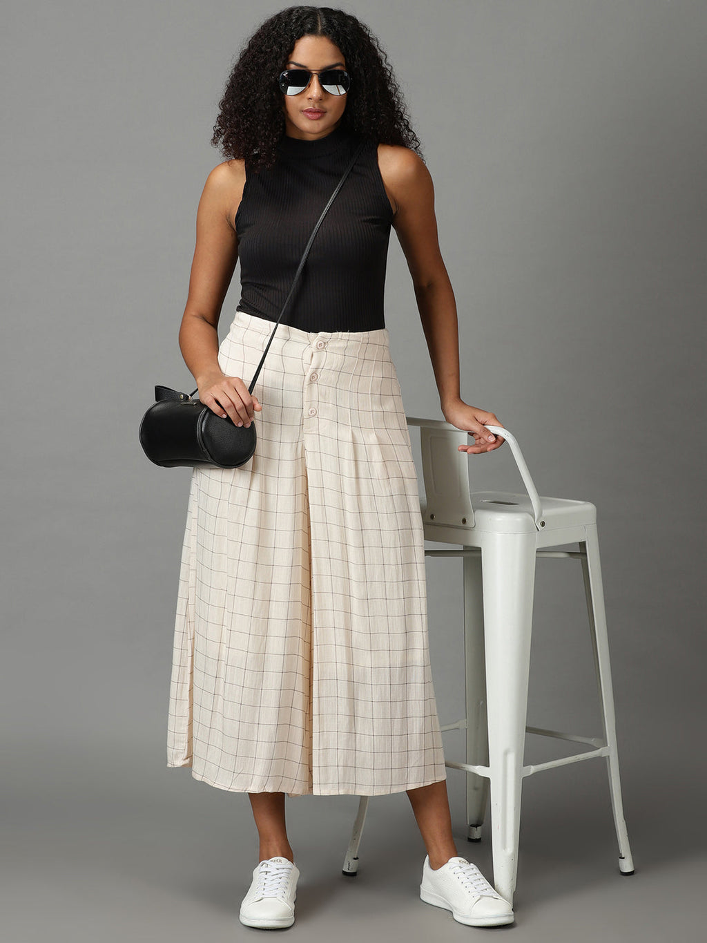 Women's Cream Checked Relaxed Flared High-Rise Linen Culottes