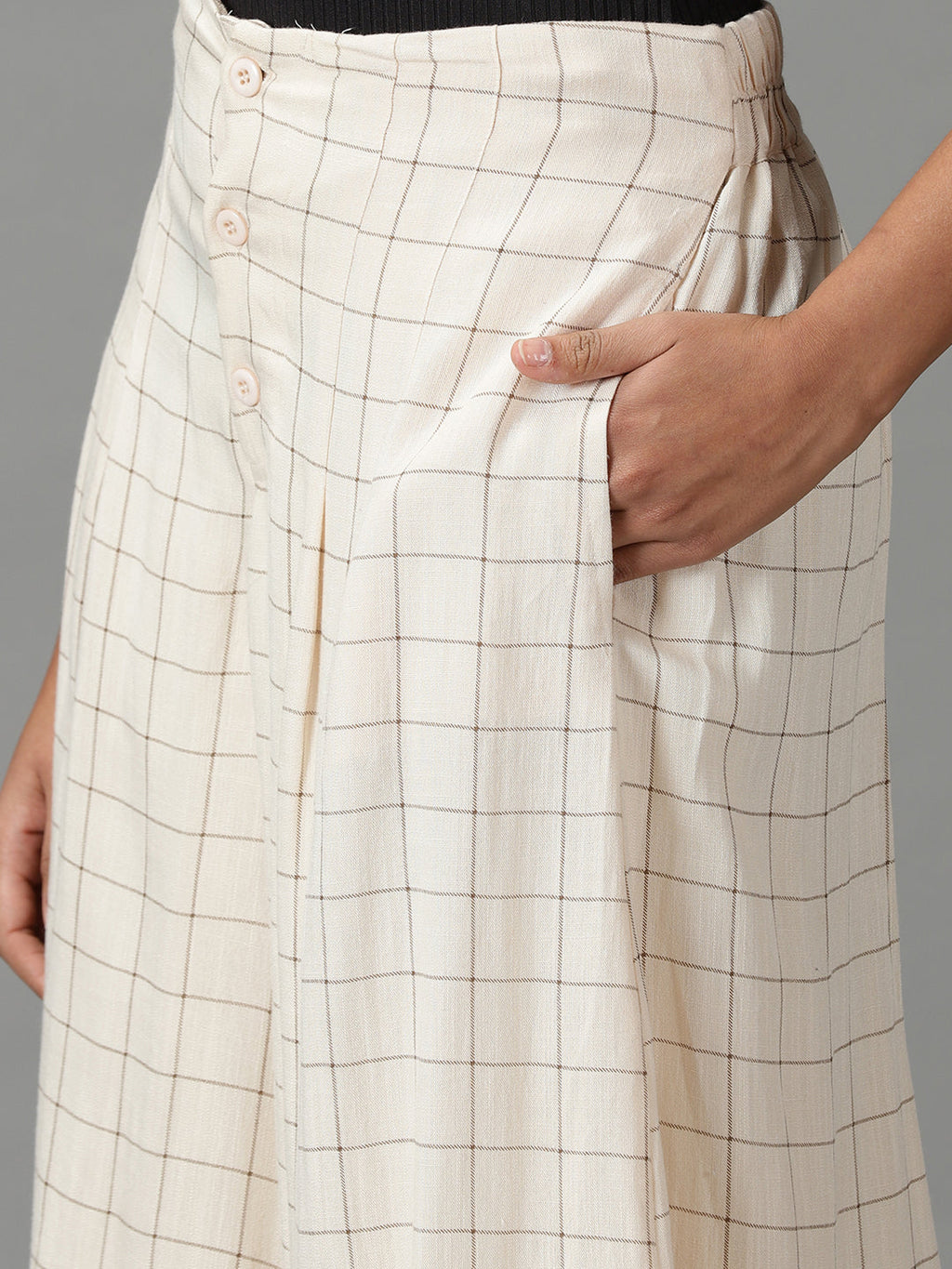 Women's Cream Checked Relaxed Flared High-Rise Linen Culottes