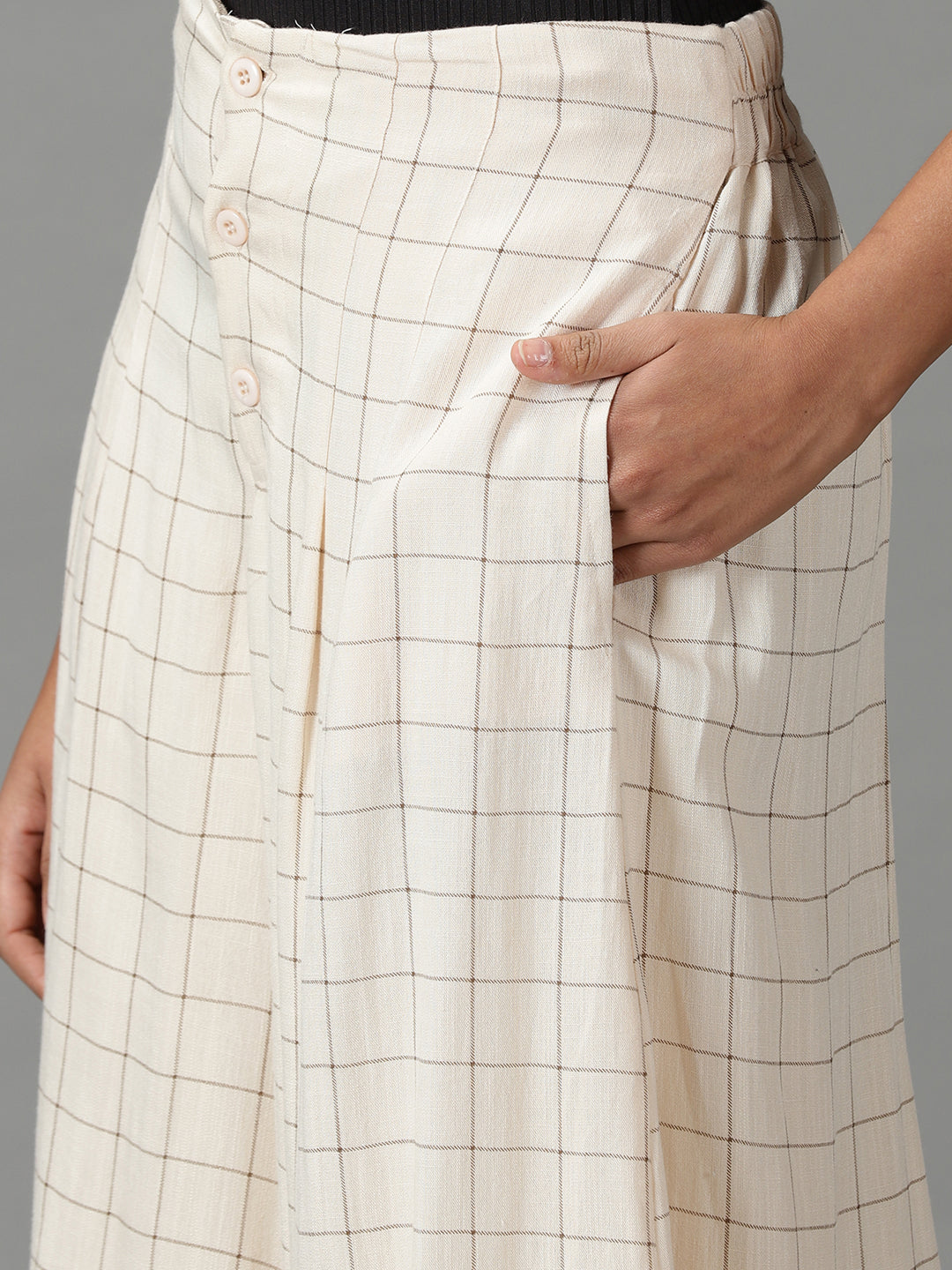 Women's Cream Checked Relaxed Flared High-Rise Linen Culottes