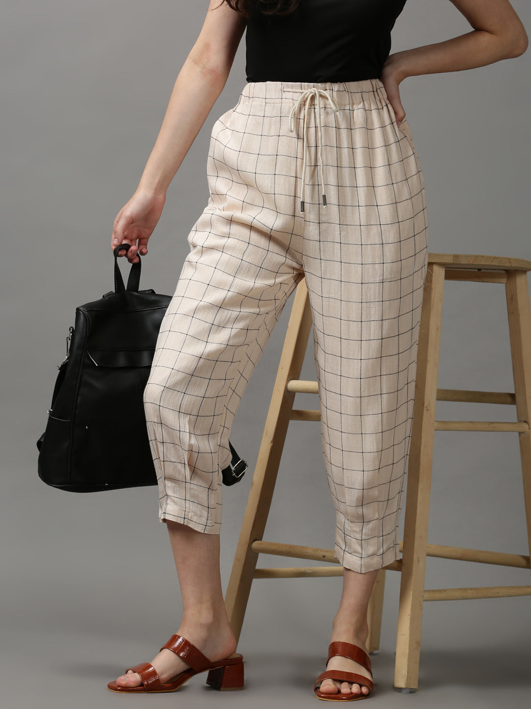 Women's Cream Checked Trousers