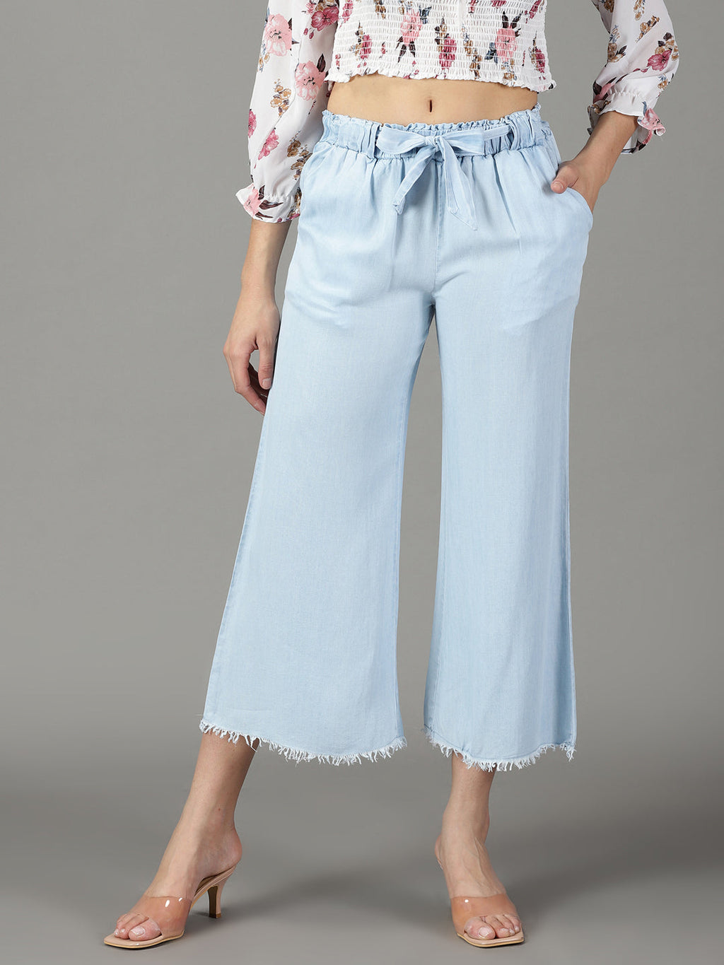 Women's Blue Relaxed Straight Fit High-Rise Denim Culottes
