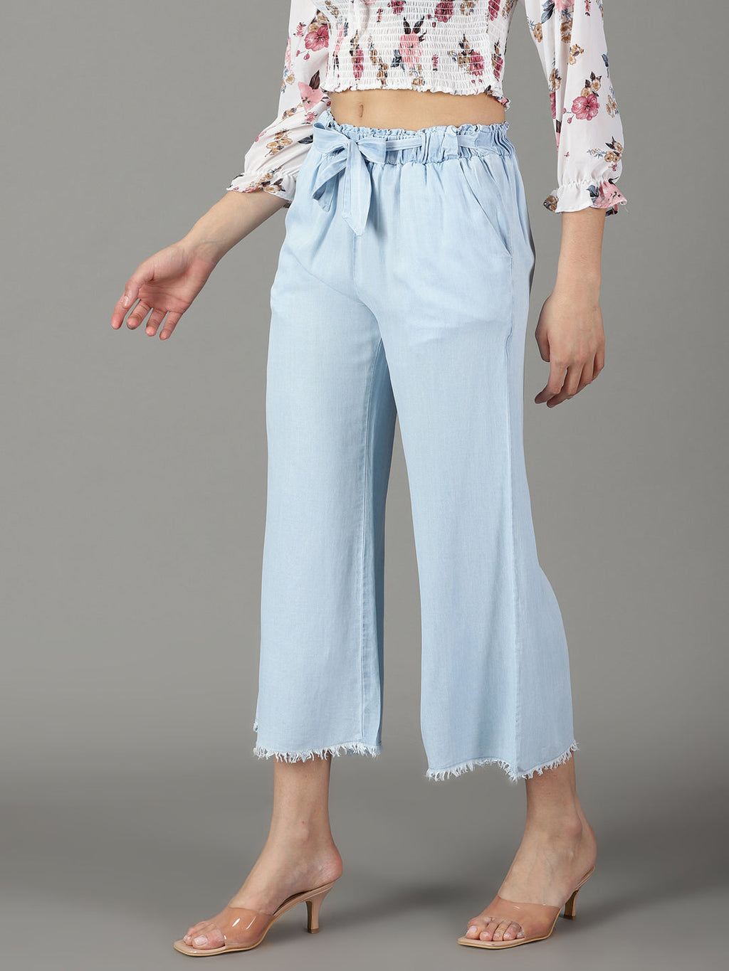 Women's Blue Relaxed Straight Fit High-Rise Denim Culottes
