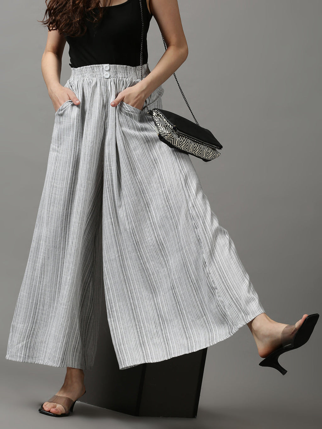 Women's White Striped Flared Trousers
