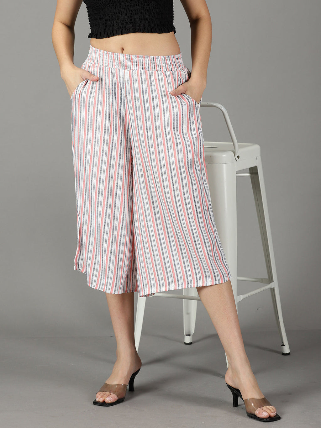 Women's White Striped Relaxed Flared High-Rise Culottes Trousers