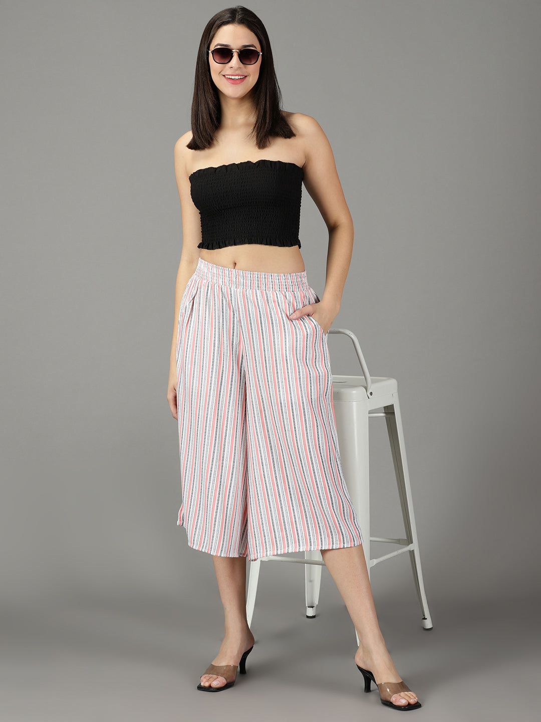 Women's White Striped Relaxed Flared High-Rise Culottes Trousers