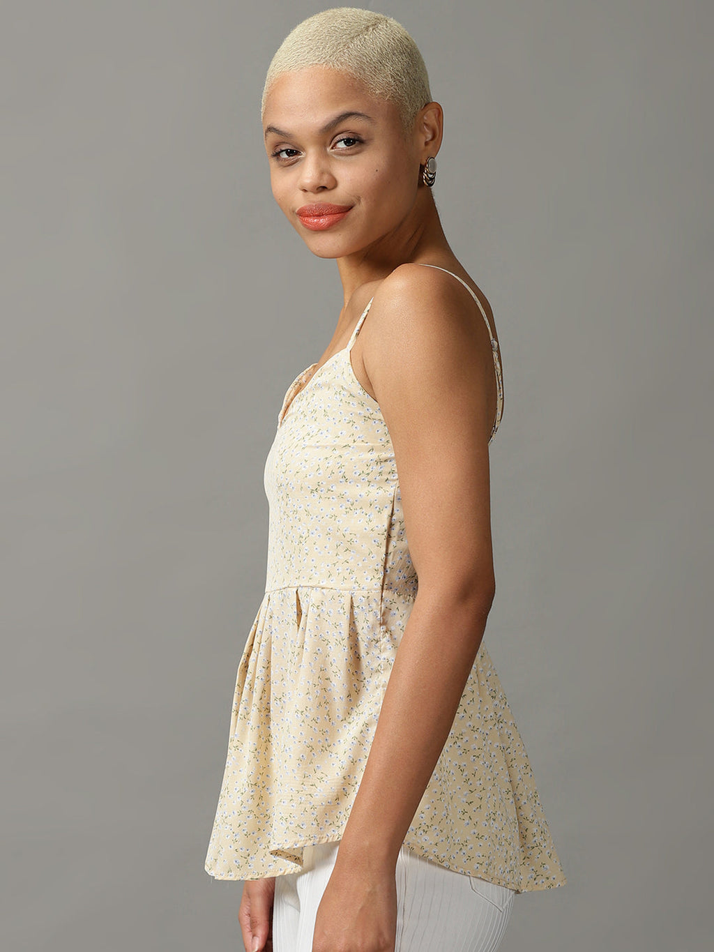 Women's Yellow Floral Printed Georgette Peplum Top