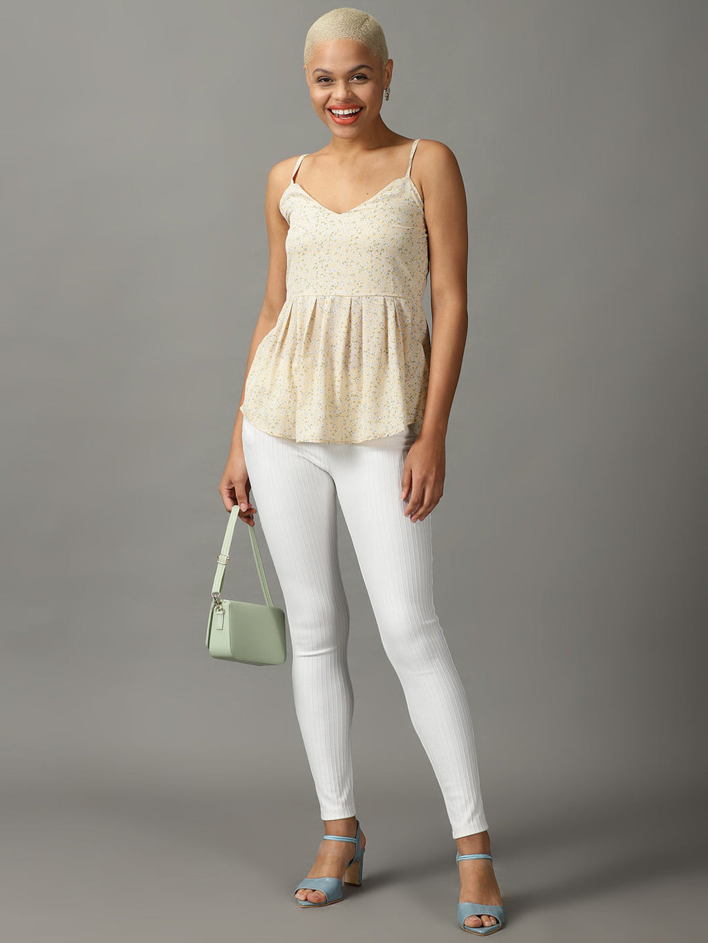 Women's Yellow Floral Printed Georgette Peplum Top