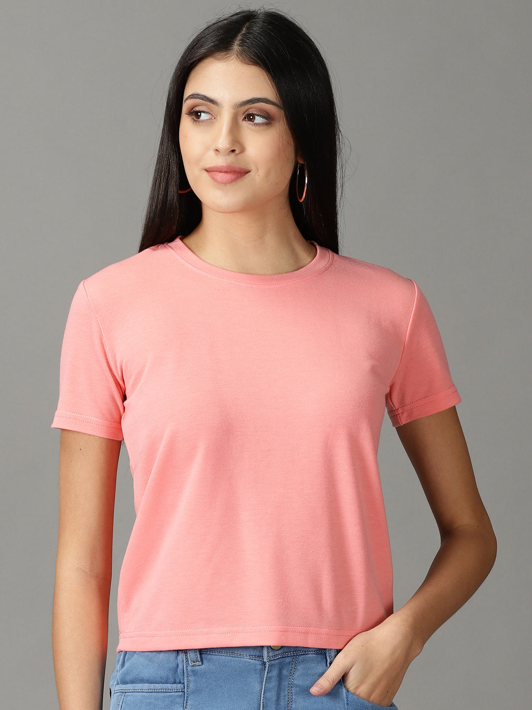 Women's Pink Round Neck Crop Top